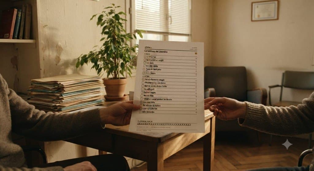 Praticien remettant en fin de séance une fiche de routine Chiche imprimée à un parent