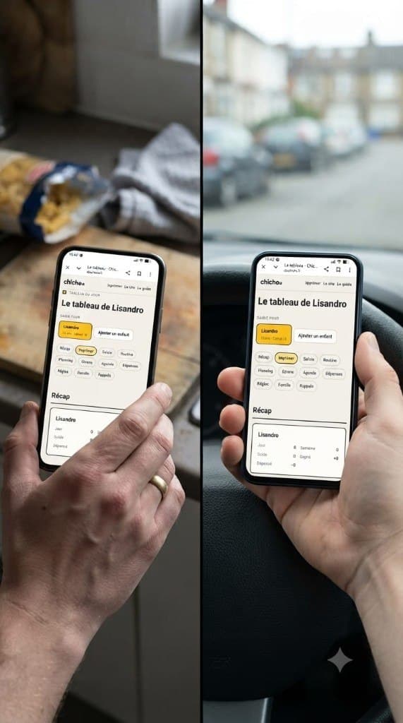 Deux parents consultant le même tableau de points Chiche au même moment sur deux téléphones différents