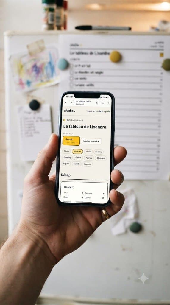 Main d'un parent tenant un téléphone affichant le tableau de points Chiche, devant la fiche papier aimantée au frigo