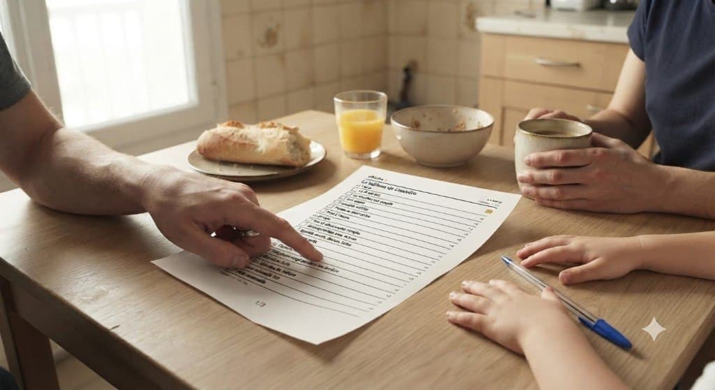 Réunion familiale du dimanche autour de la fiche Chiche A3 posée au centre de la table de cuisine