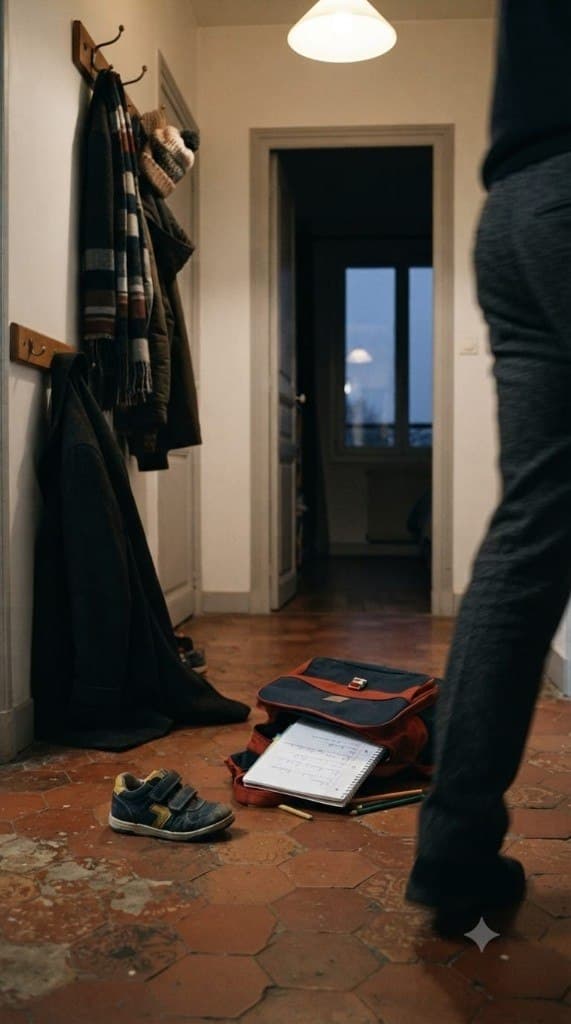 Entrée d'appartement un matin d'hiver, une chaussure d'enfant au sol et un cartable ouvert