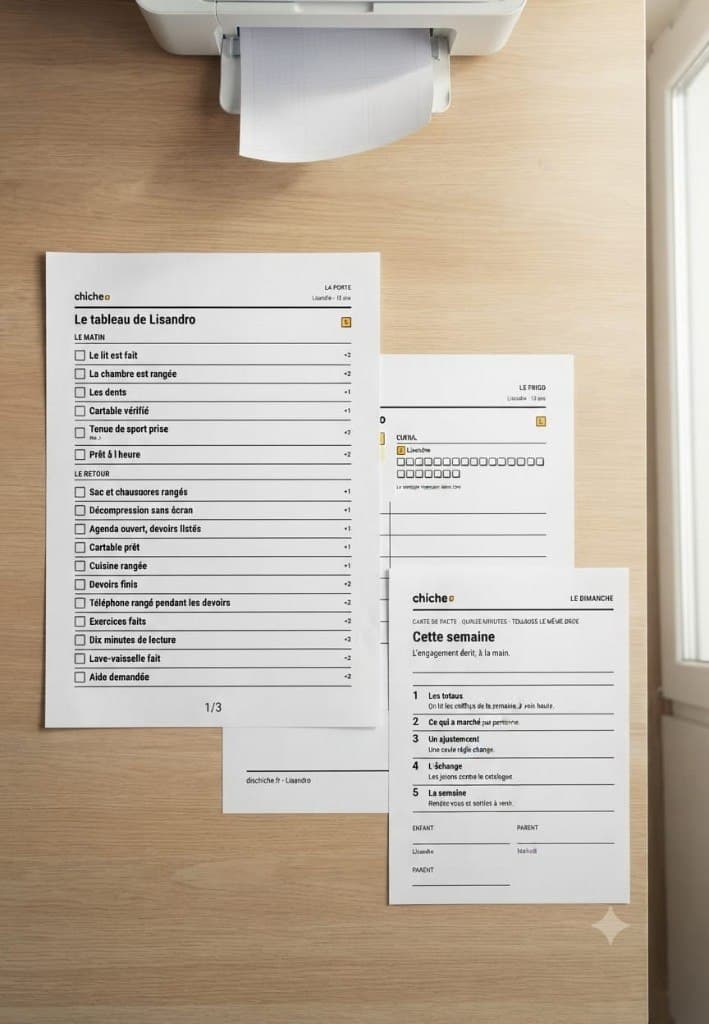 Les fiches Chiche A3, A4 et A5 imprimées sur une imprimante domestique, posées à plat